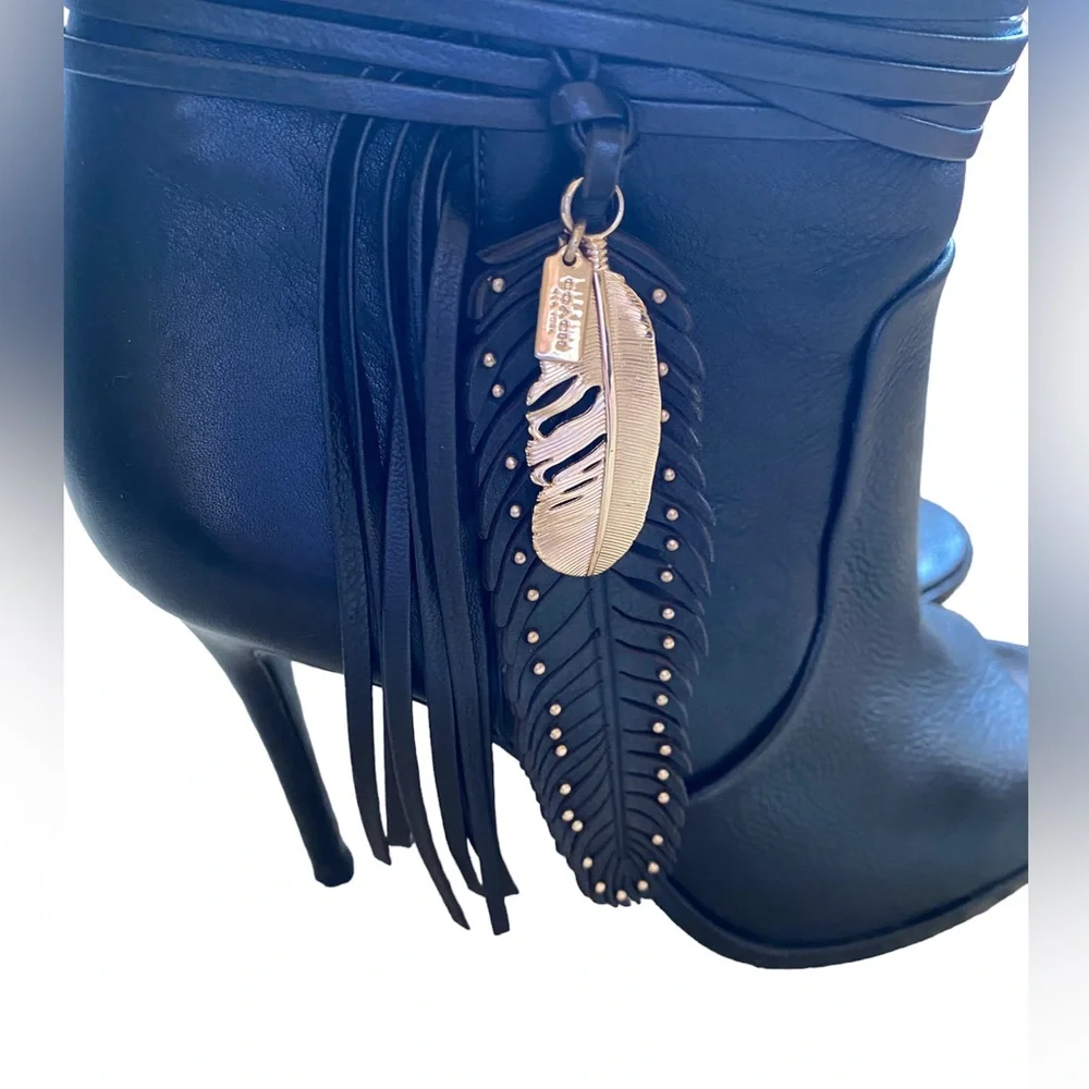 Coach Black Leather Peep-Toe Stiletto Ankle Boots with Feather Tassel